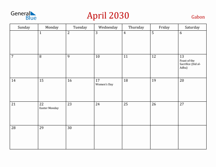 Gabon April 2030 Calendar - Sunday Start