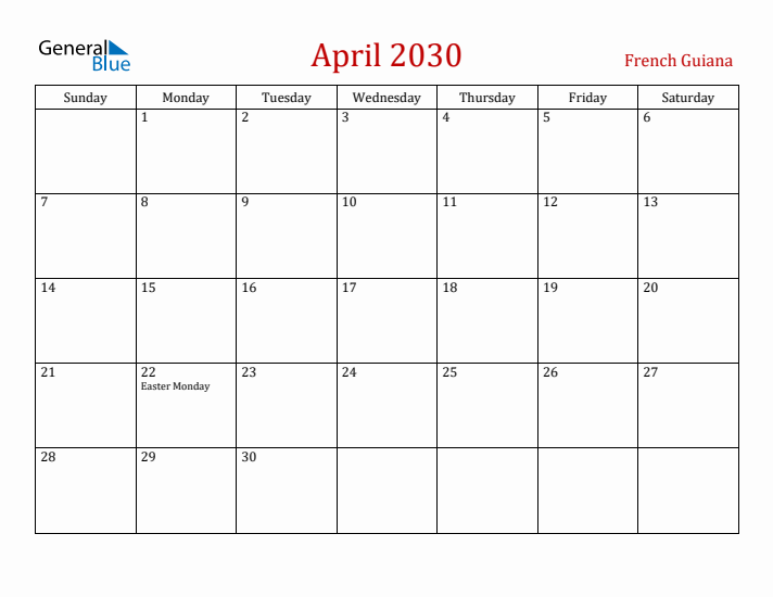 French Guiana April 2030 Calendar - Sunday Start