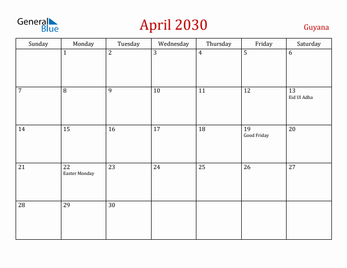 Guyana April 2030 Calendar - Sunday Start