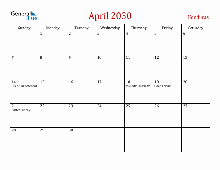 Honduras April 2030 Calendar - Sunday Start