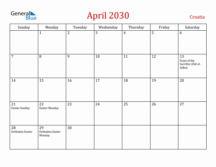 Croatia April 2030 Calendar - Sunday Start