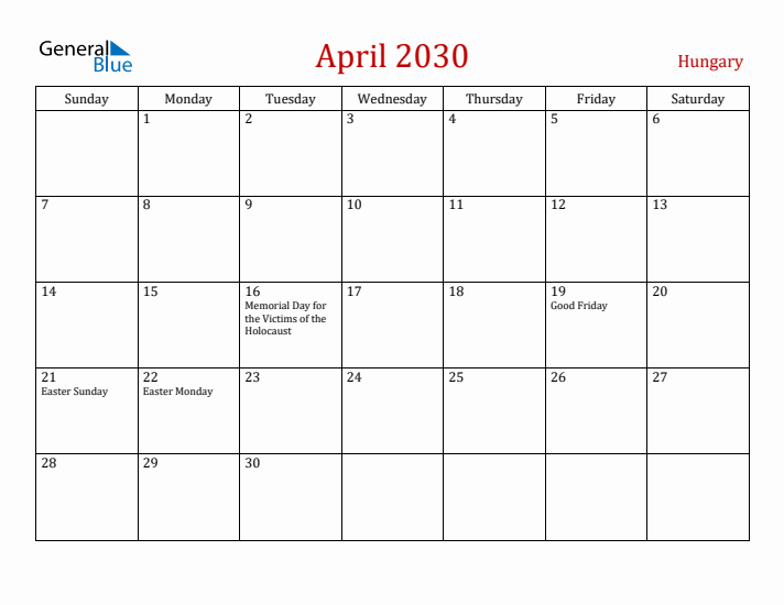 Hungary April 2030 Calendar - Sunday Start