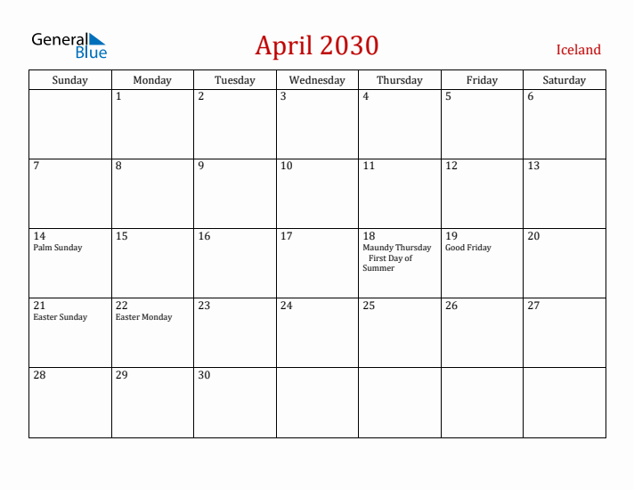 Iceland April 2030 Calendar - Sunday Start