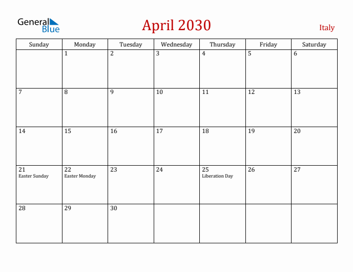 Italy April 2030 Calendar - Sunday Start
