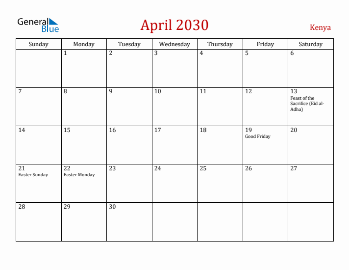 Kenya April 2030 Calendar - Sunday Start