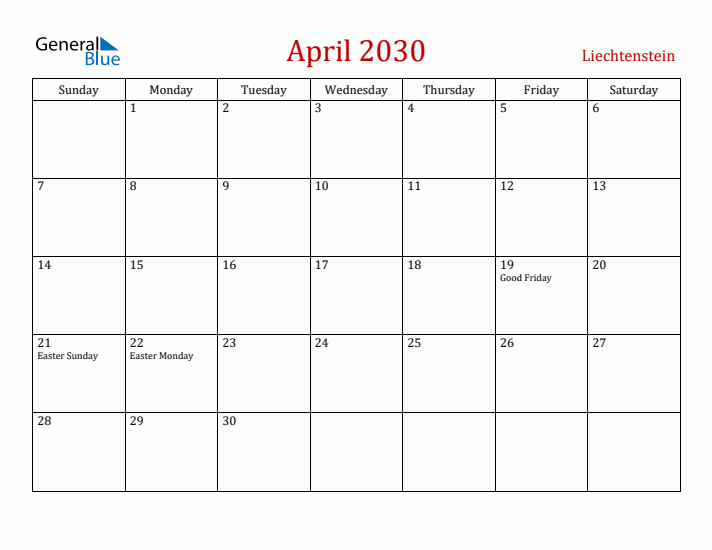 Liechtenstein April 2030 Calendar - Sunday Start