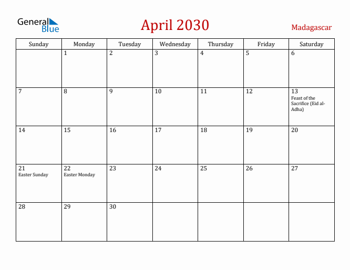 Madagascar April 2030 Calendar - Sunday Start