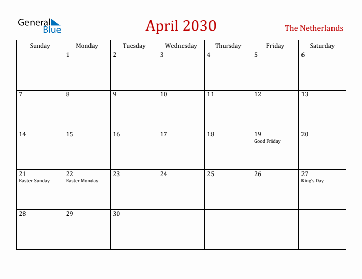 The Netherlands April 2030 Calendar - Sunday Start