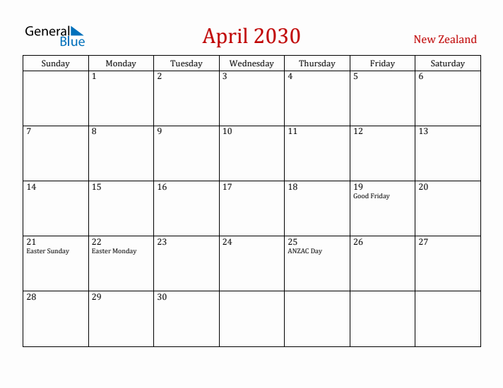 New Zealand April 2030 Calendar - Sunday Start
