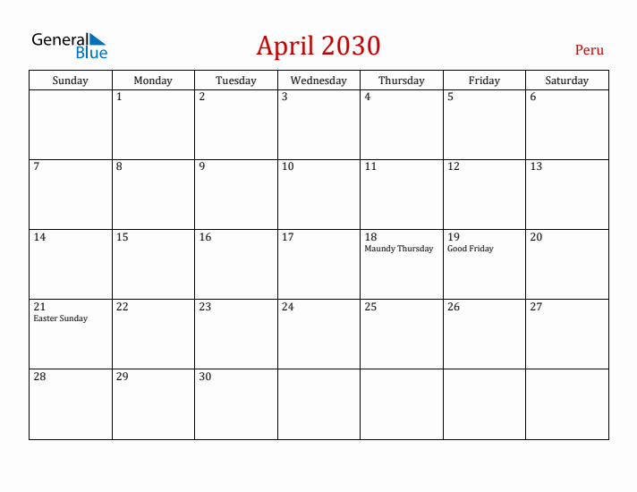 Peru April 2030 Calendar - Sunday Start