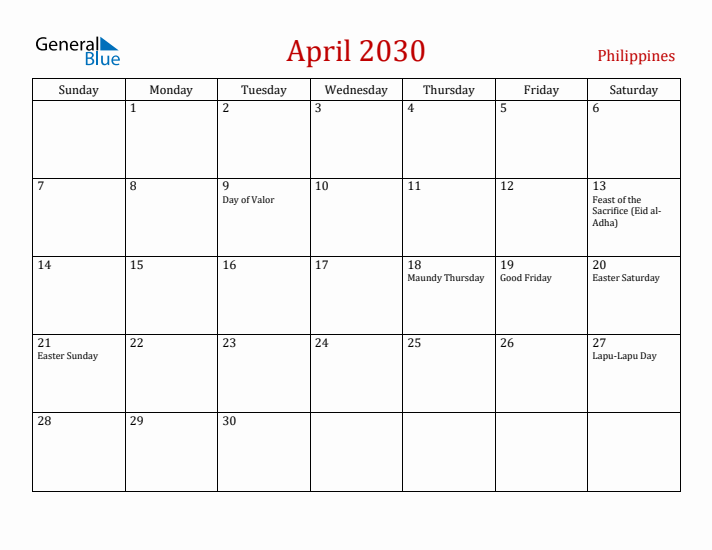 Philippines April 2030 Calendar - Sunday Start