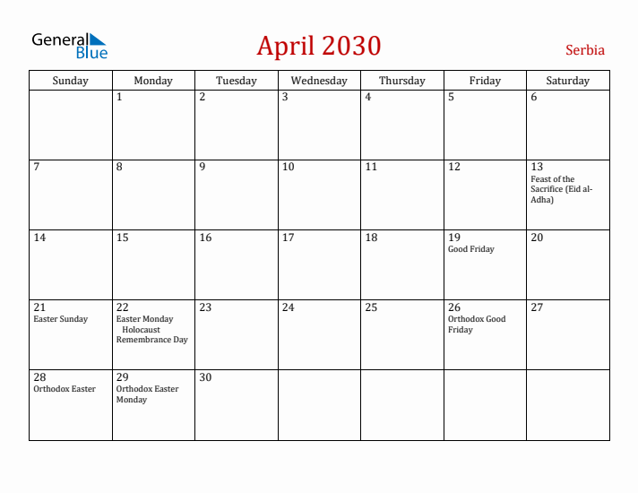 Serbia April 2030 Calendar - Sunday Start