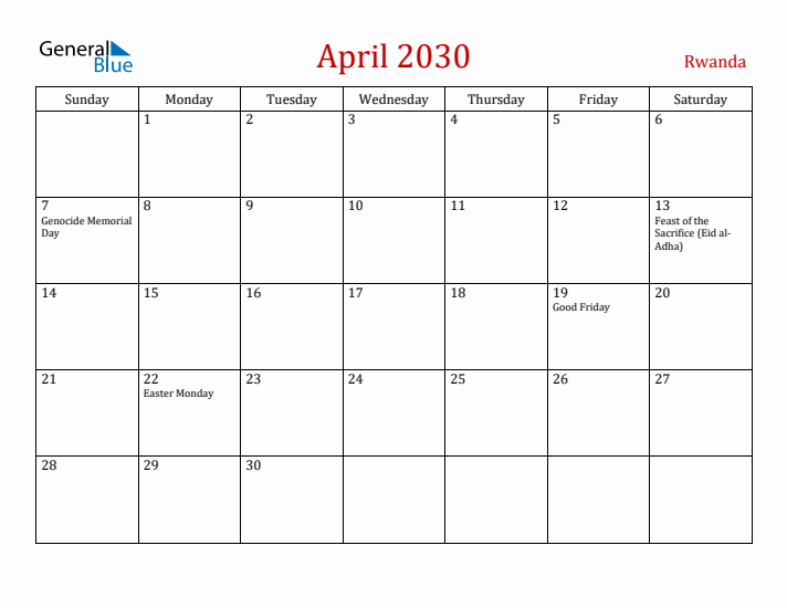 Rwanda April 2030 Calendar - Sunday Start