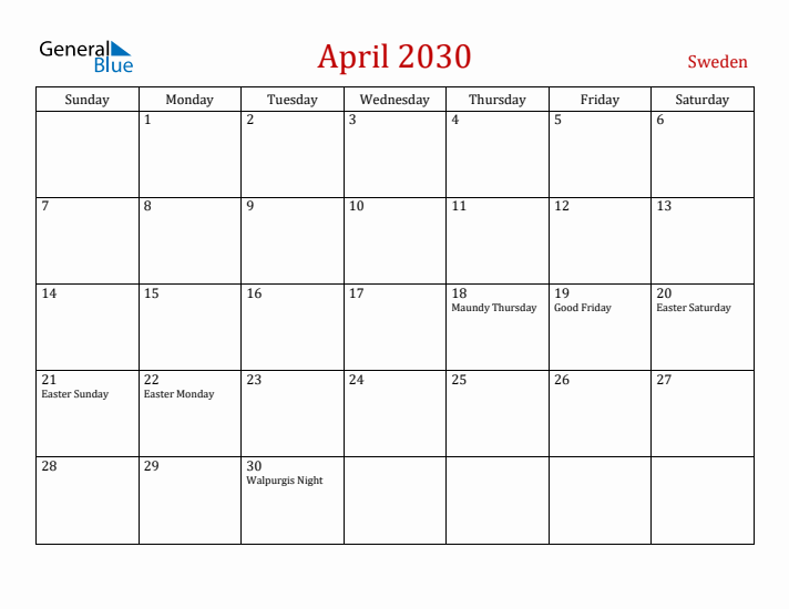 Sweden April 2030 Calendar - Sunday Start