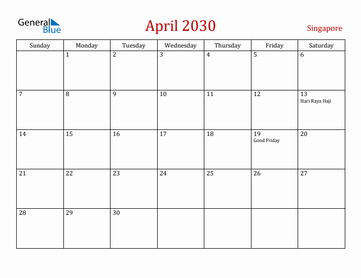 Singapore April 2030 Calendar - Sunday Start
