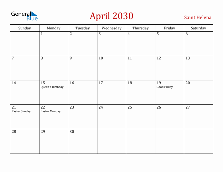 Saint Helena April 2030 Calendar - Sunday Start