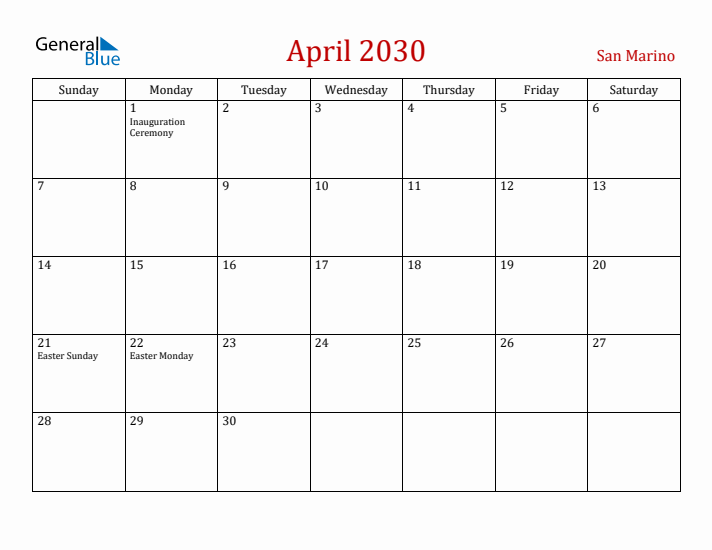 San Marino April 2030 Calendar - Sunday Start