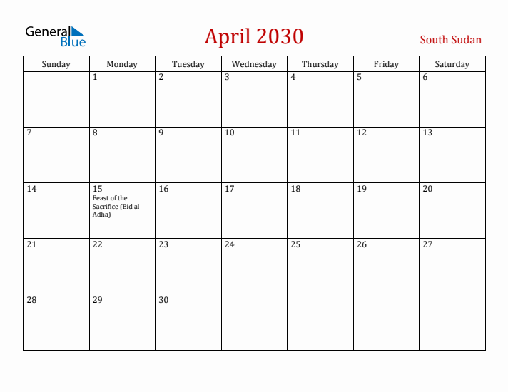 South Sudan April 2030 Calendar - Sunday Start