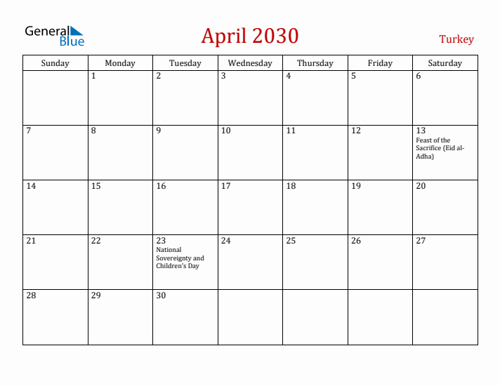 Turkey April 2030 Calendar - Sunday Start