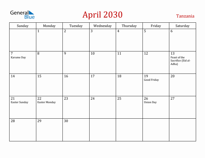 Tanzania April 2030 Calendar - Sunday Start