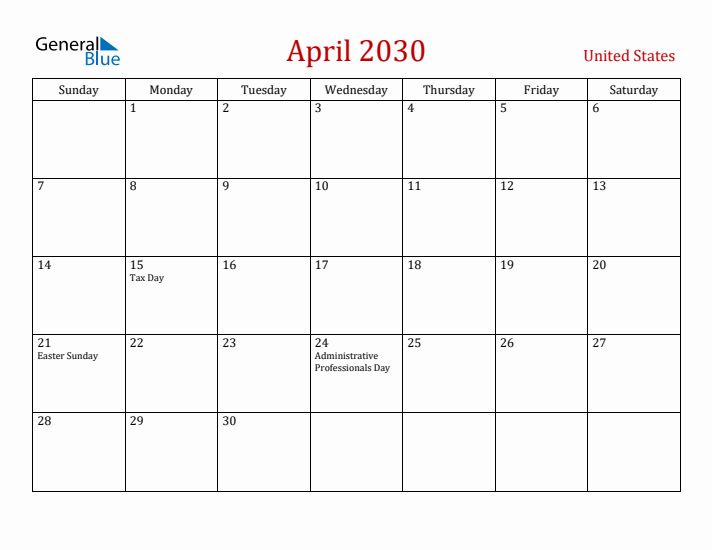 United States April 2030 Calendar - Sunday Start