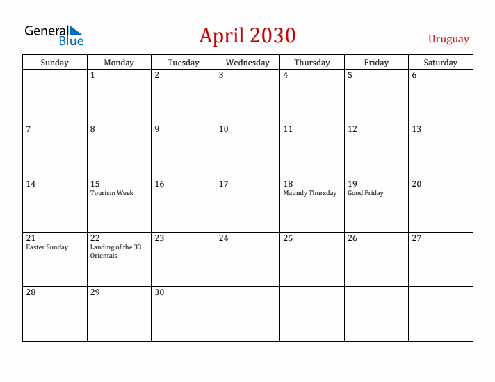 Uruguay April 2030 Calendar - Sunday Start