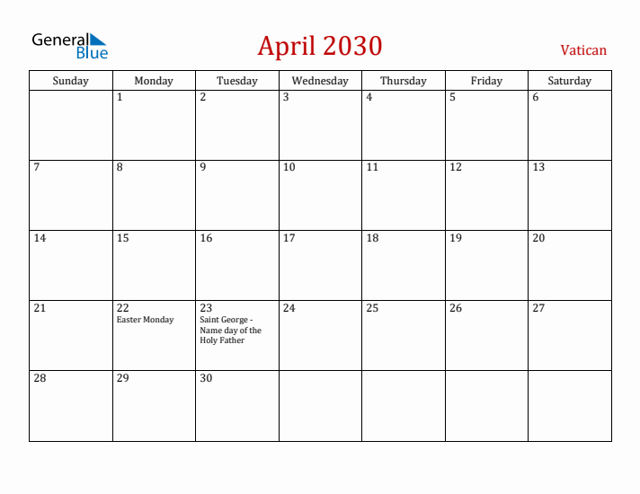 Vatican April 2030 Calendar - Sunday Start