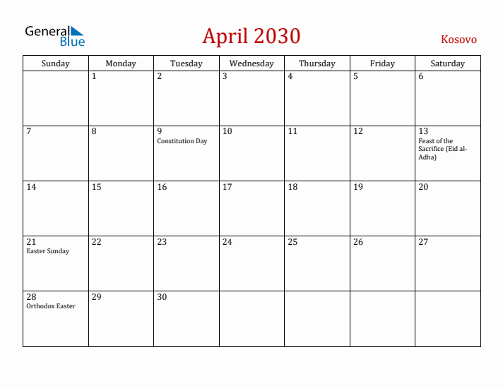 Kosovo April 2030 Calendar - Sunday Start