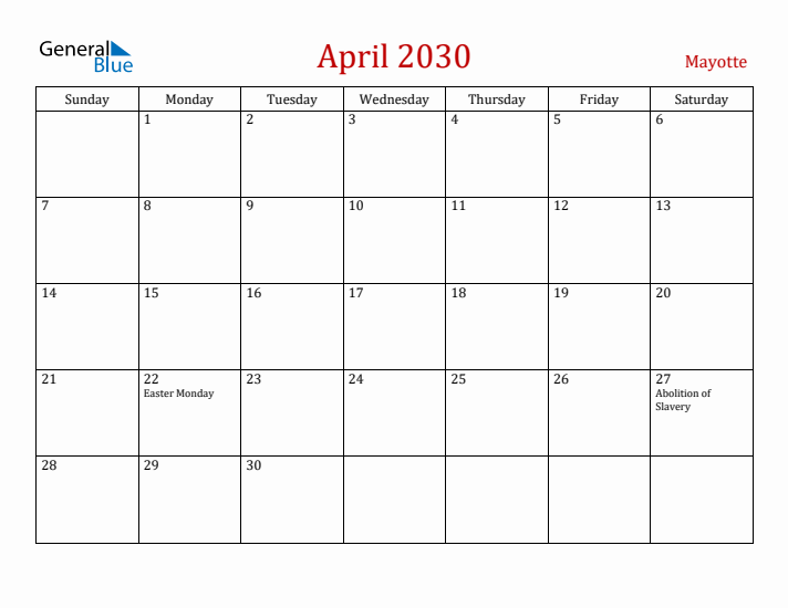 Mayotte April 2030 Calendar - Sunday Start