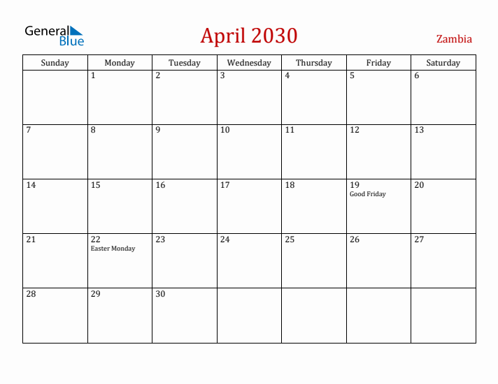 Zambia April 2030 Calendar - Sunday Start