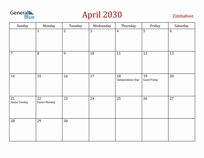 Zimbabwe April 2030 Calendar - Sunday Start