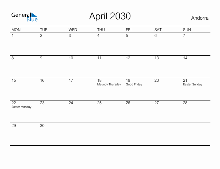 Printable April 2030 Calendar for Andorra