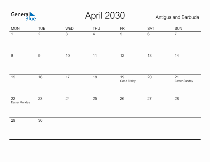 Printable April 2030 Calendar for Antigua and Barbuda