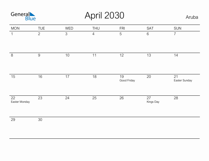 Printable April 2030 Calendar for Aruba