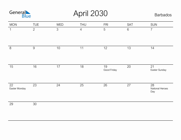Printable April 2030 Calendar for Barbados