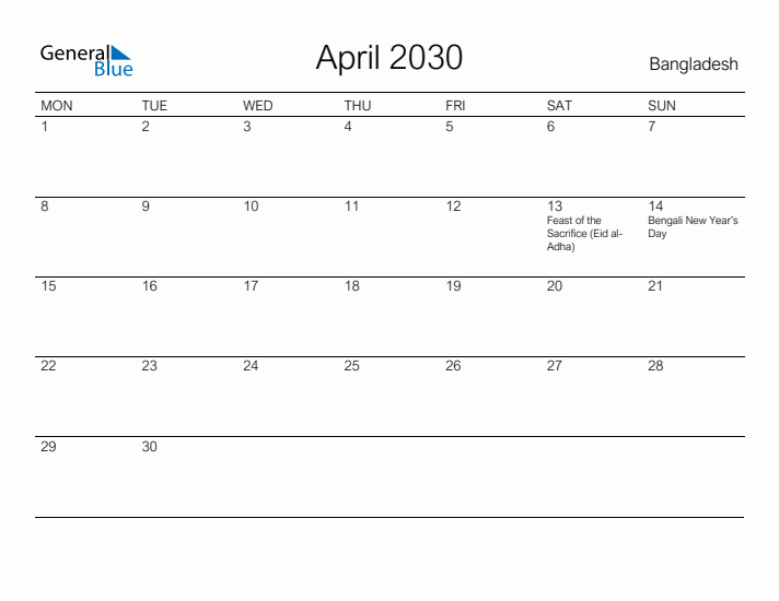 Printable April 2030 Calendar for Bangladesh