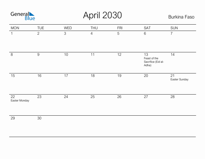 Printable April 2030 Calendar for Burkina Faso