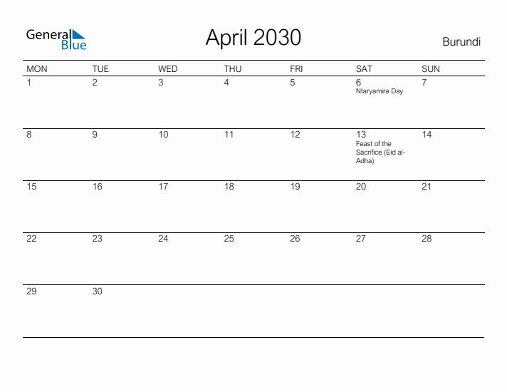Printable April 2030 Calendar for Burundi