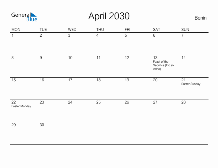 Printable April 2030 Calendar for Benin