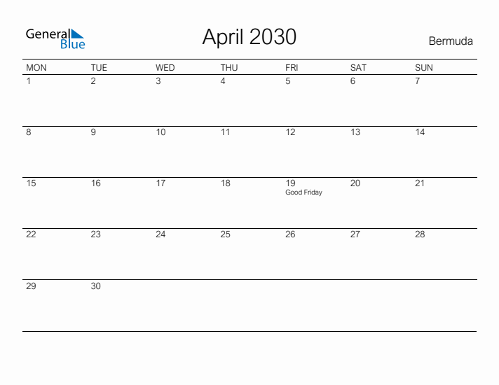 Printable April 2030 Calendar for Bermuda