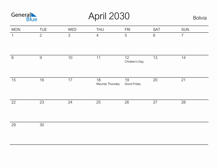 Printable April 2030 Calendar for Bolivia