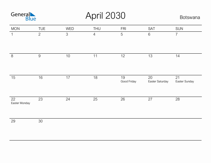 Printable April 2030 Calendar for Botswana