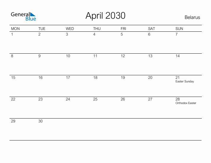 Printable April 2030 Calendar for Belarus
