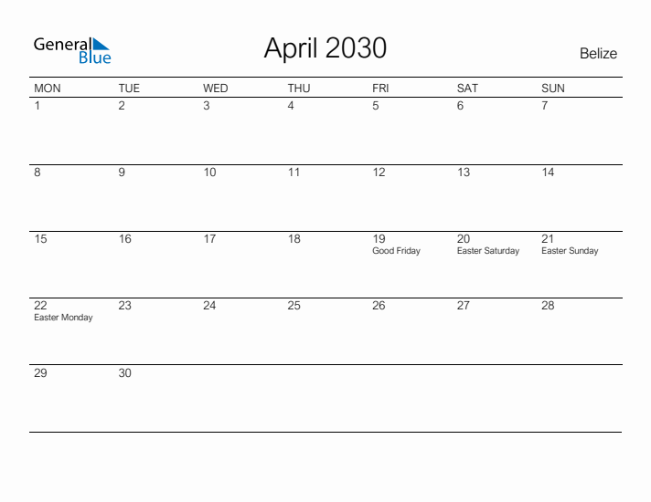 Printable April 2030 Calendar for Belize