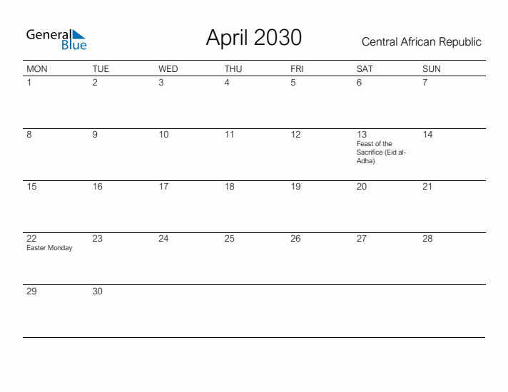 Printable April 2030 Calendar for Central African Republic