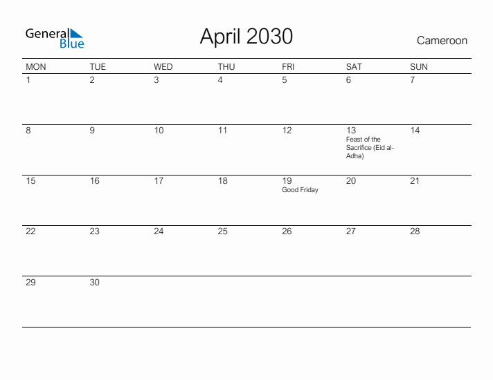 Printable April 2030 Calendar for Cameroon
