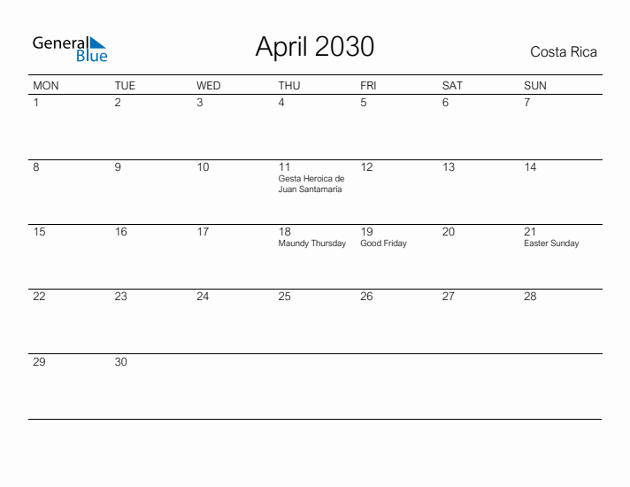Printable April 2030 Calendar for Costa Rica