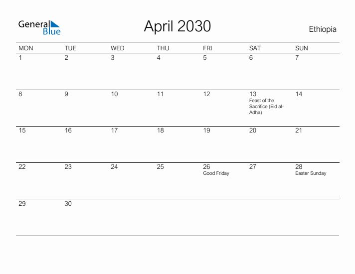 Printable April 2030 Calendar for Ethiopia