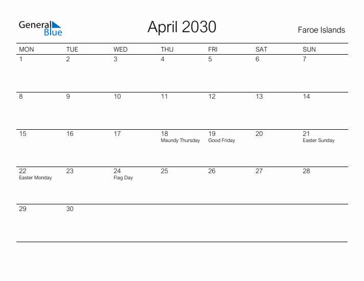 Printable April 2030 Calendar for Faroe Islands