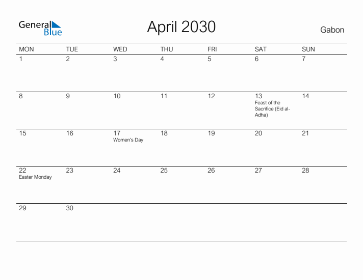 Printable April 2030 Calendar for Gabon